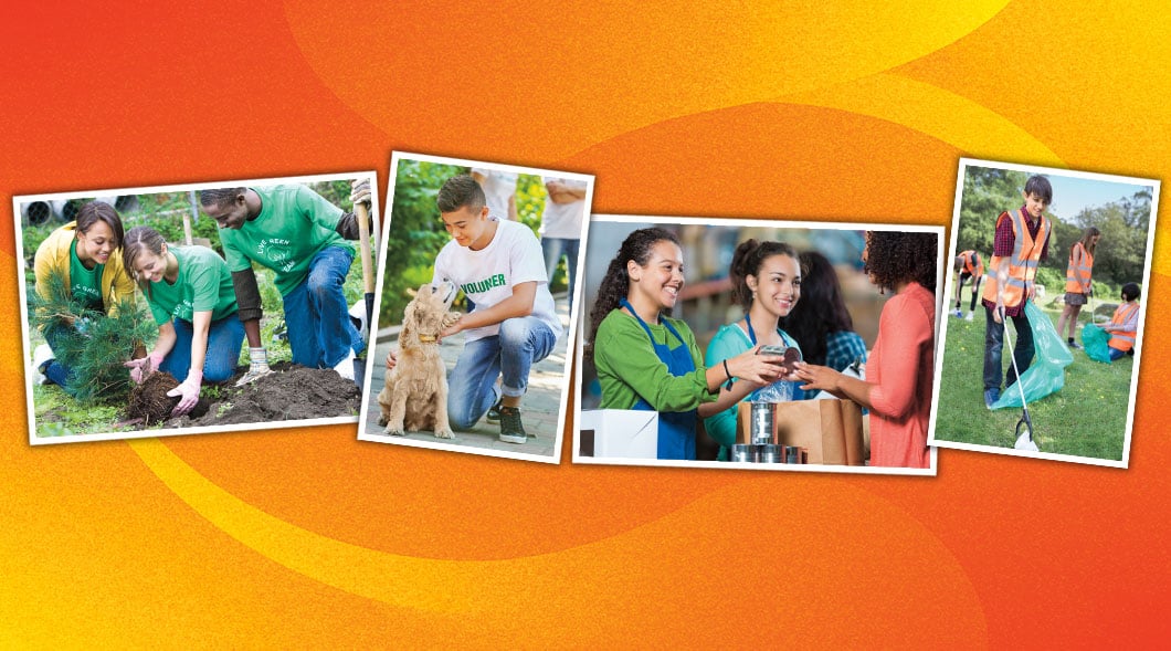 Four photos showing volunteers planting trees, petting a dog, distributing food, and picking up litter