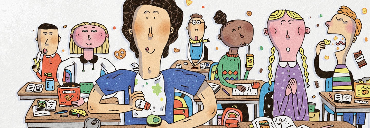 Several students eat snacks at their desks in a busy classroom