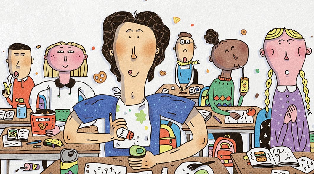 A cartoon student sits at a desk surrounded by classmates and scattered snacks and school supplies