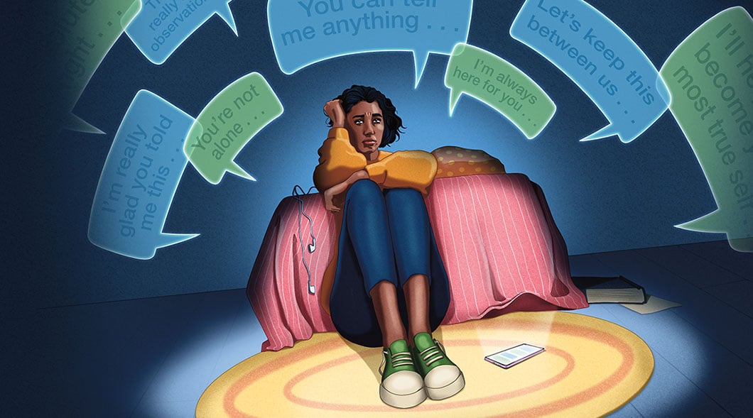 A girl sits alone on a floor surrounded by glowing messages with manipulative phrases