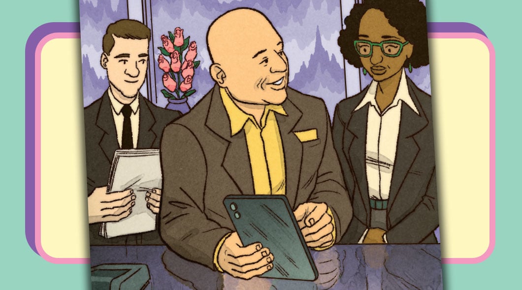 Three adults in business attire sit together, one holds a tablet and another holds a notepad