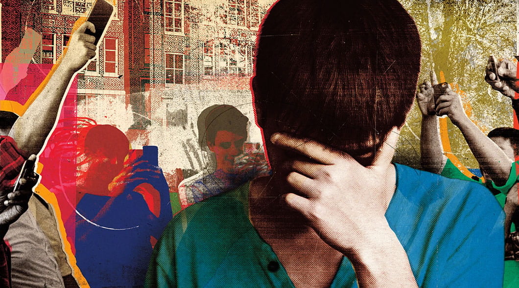 Collage that explores themes of bullying and social pressure among young people at school