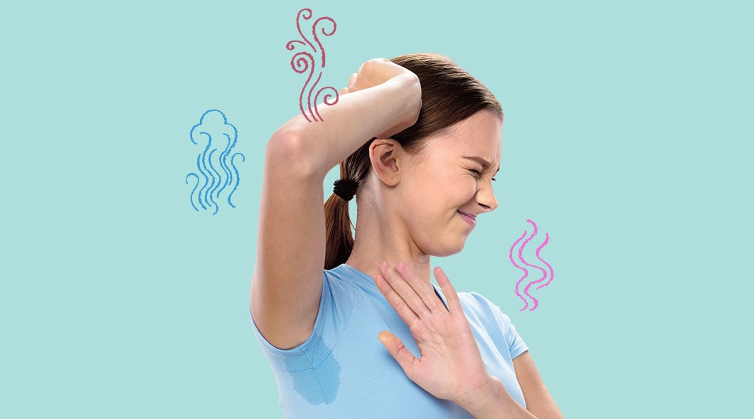 A girl raises her arm to reveal a sweat stain while odor symbols surround her