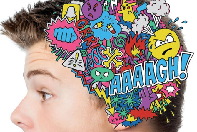 Colorful illustrations over a boy's head