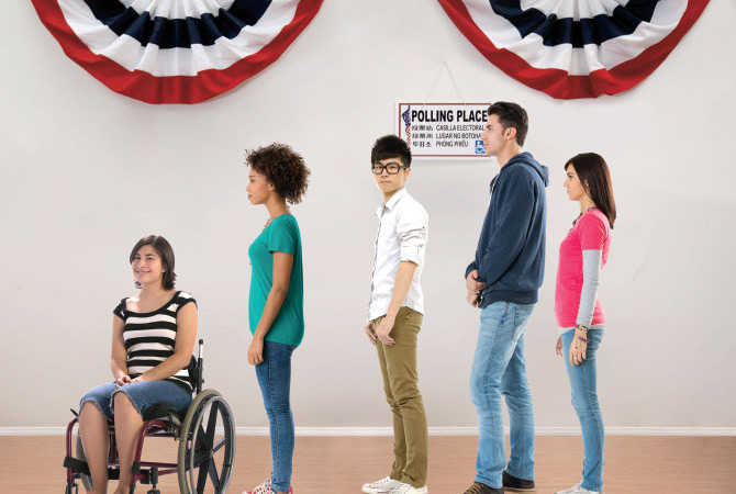 Young adults waiting in a voting line