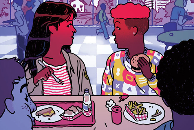 Two teens staring at each other awkwardly while on a date