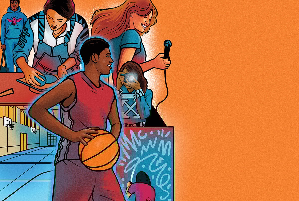 illustration of kids playing basketball, singing, taking pictures, and doing other hobbies